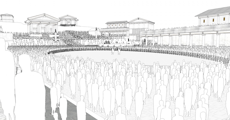 Depiction of many people at the Forum