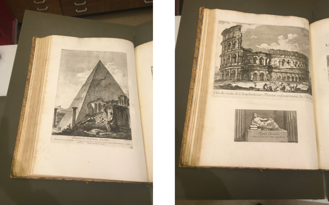 Page of a book displaying engravings of Roman antiquities